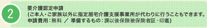 2.要介護認定申請（ご本人・ご家族以外に指定居宅介護支援事業所が代わりに行うこともできます。申請費用：無料　準備するもの：課以後保険被保険者証・印鑑）